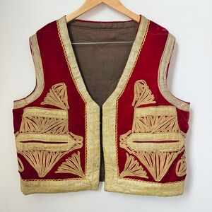 intage Turkish Ottoman Embroidered Velvet Vest Red Gold Metallic Folkloric Large